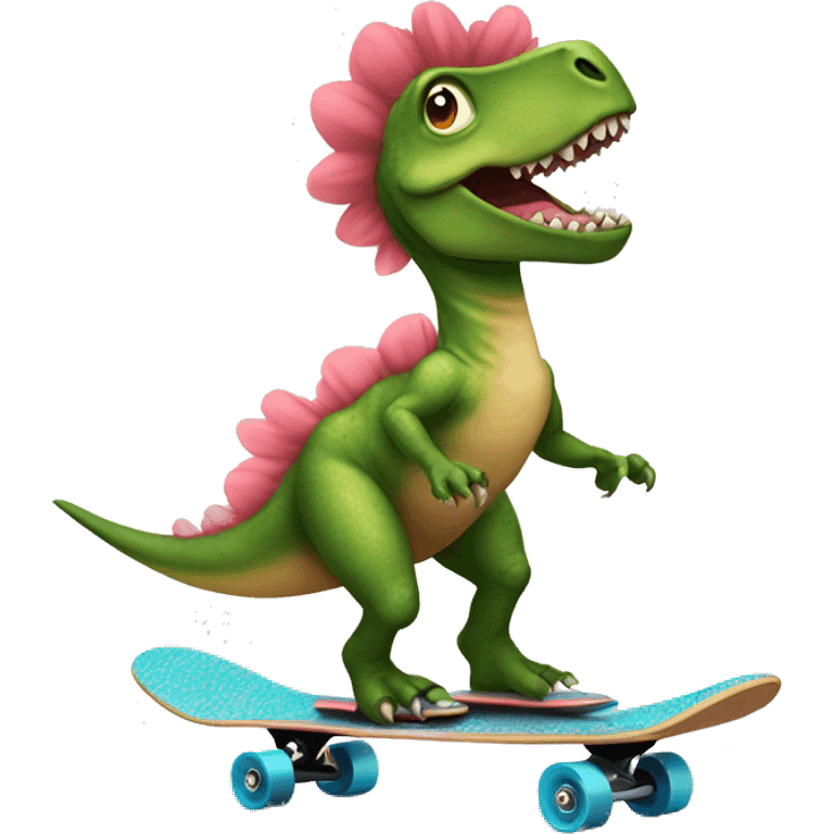 Dinosaur wearing a tutu on a skateboard emoji