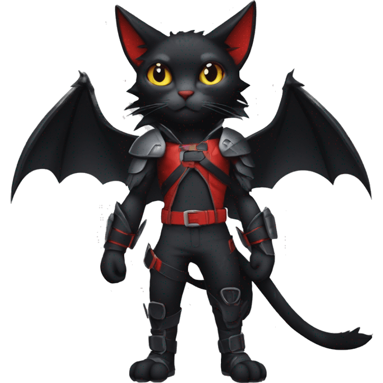 Cool Edgy Litten-Nargacuga-Cat with black bat-wing-ears with a red harness full body emoji