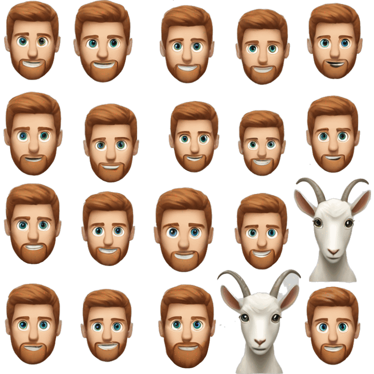 Messi with a goat, redish hair redish beard, blue eyes emoji