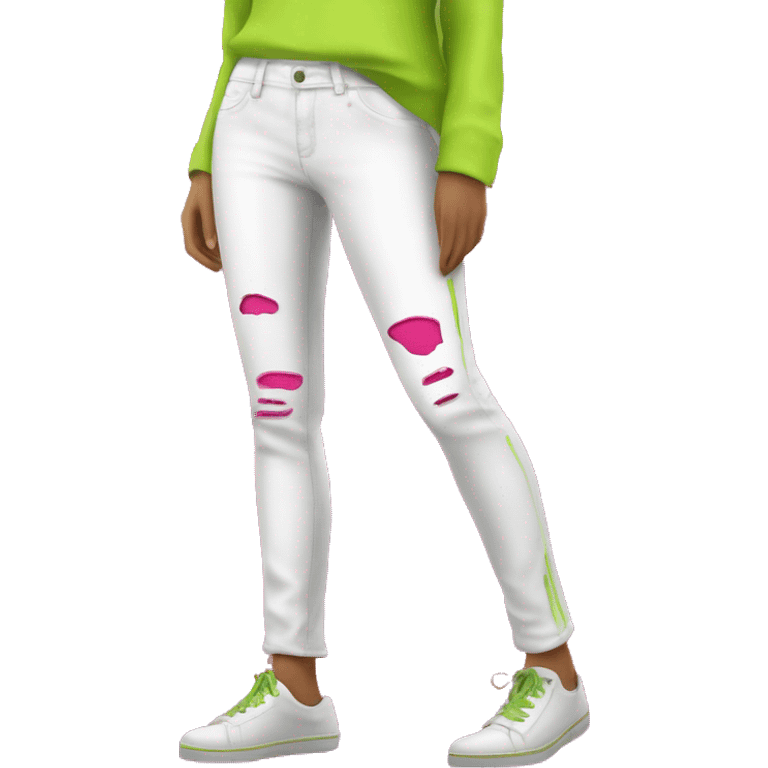 Realistic isolated side view of a pair of white jegging pants with lime green and hot pink distressed brushed colors on them. emoji