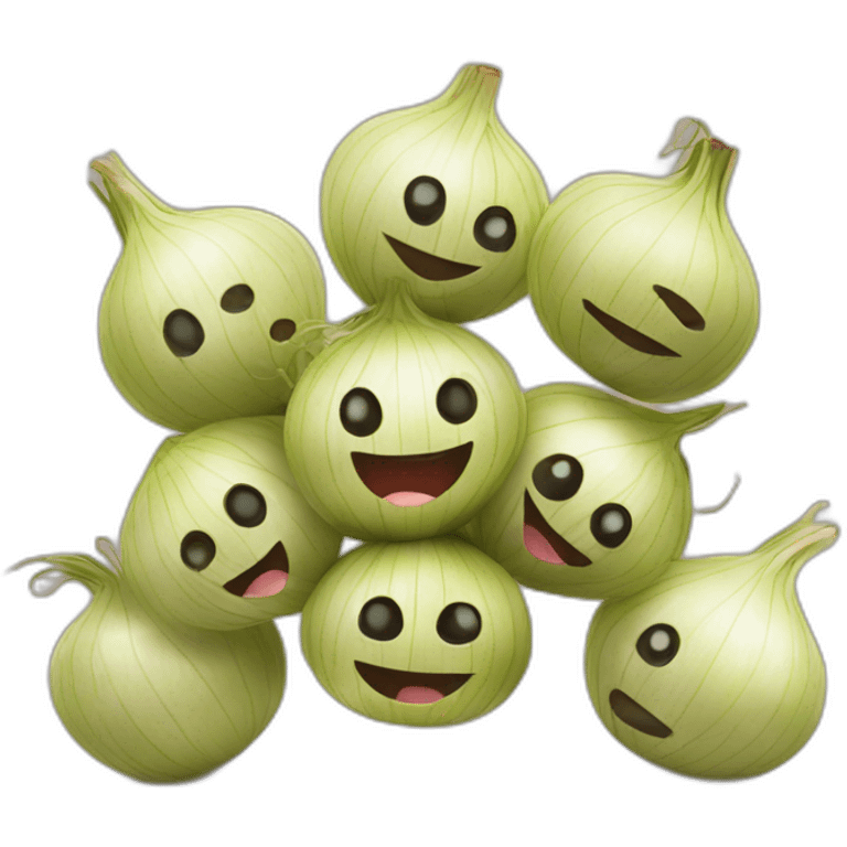 group of kawaii onions doing a catalan castellers emoji