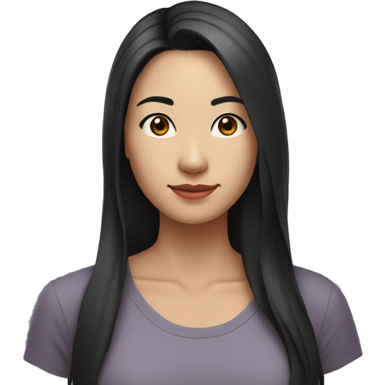 A head and shoulders shot of a 33 year old Asian woman, with long black hair,   with brown eyes wearing a t-shirt. emoji