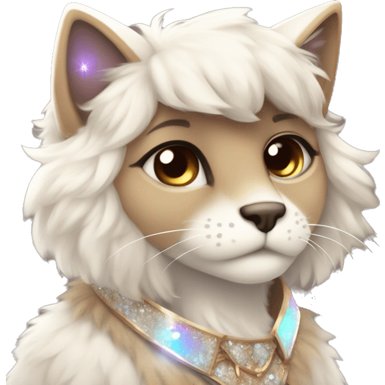 Furry, sparkle, iridescent, colorful, pastel, edgy, cool, fantasy beautiful, brown, beige, white, divine, godly, angelic, animal, anthro, full body, fursona, feline emoji