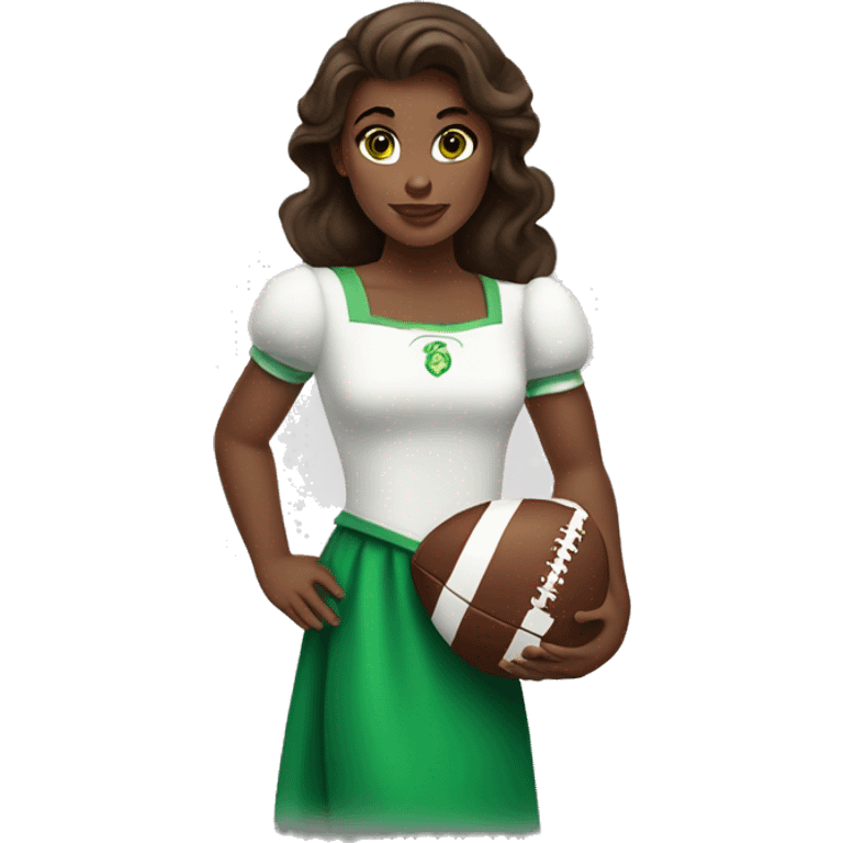 White Disney princess Belle with dark brown hair green eyes holding a football emoji