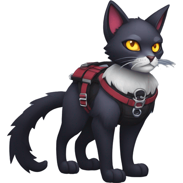 cool edgy fantasy dark-shadow-themed animal vampiric cat hybrid Fakemon  with a harness and collar full body emoji