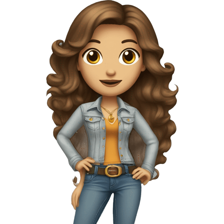 a 70's rockstar woman with bell-bottoms, long brown hair, hazel eyes, a t-shirt tucked into the bell bottom jeans and a belt  emoji