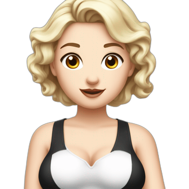 Front view curvy caucasian beauty sitting straight hands up black skirt white knickers white socks emoji