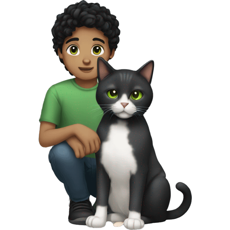  boy with black hair and brown eyes holding a dark gray cat with green eyes emoji