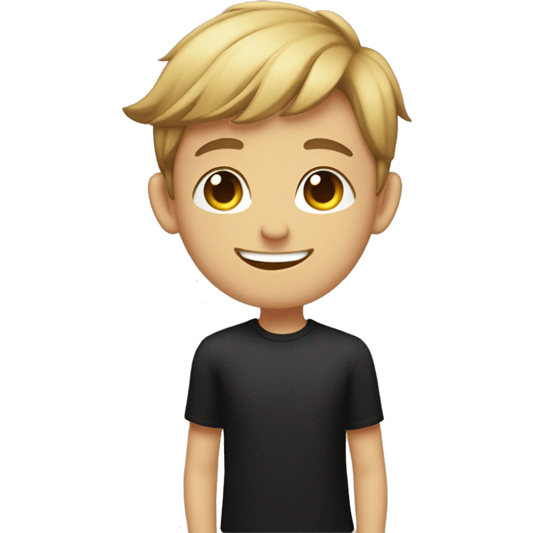 smiling boy in black shirt that says “im not gay but my boyfriend is” emoji