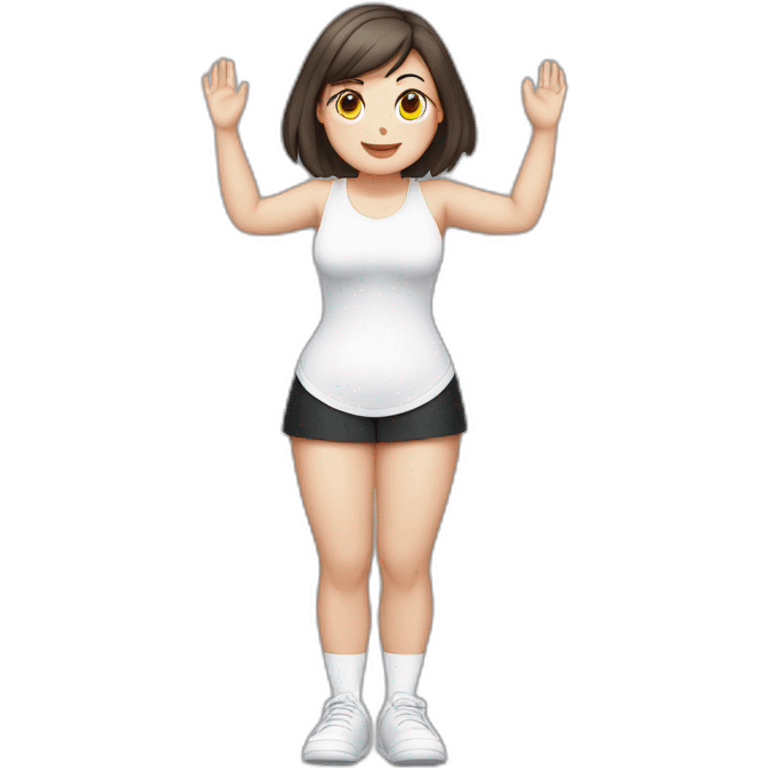 Front view full body curvy caucasian beauty headstands straight hands up black skirt white knickers white socks emoji