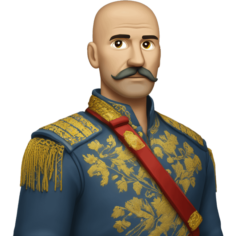 a Cossack warrior, The Cossack has a shaved head and a long strand of hair on one side. He has a thick, curved mustache and wears a gold earring in his left ear. He is wearing a simple Ukrainian embroidered shirt emoji