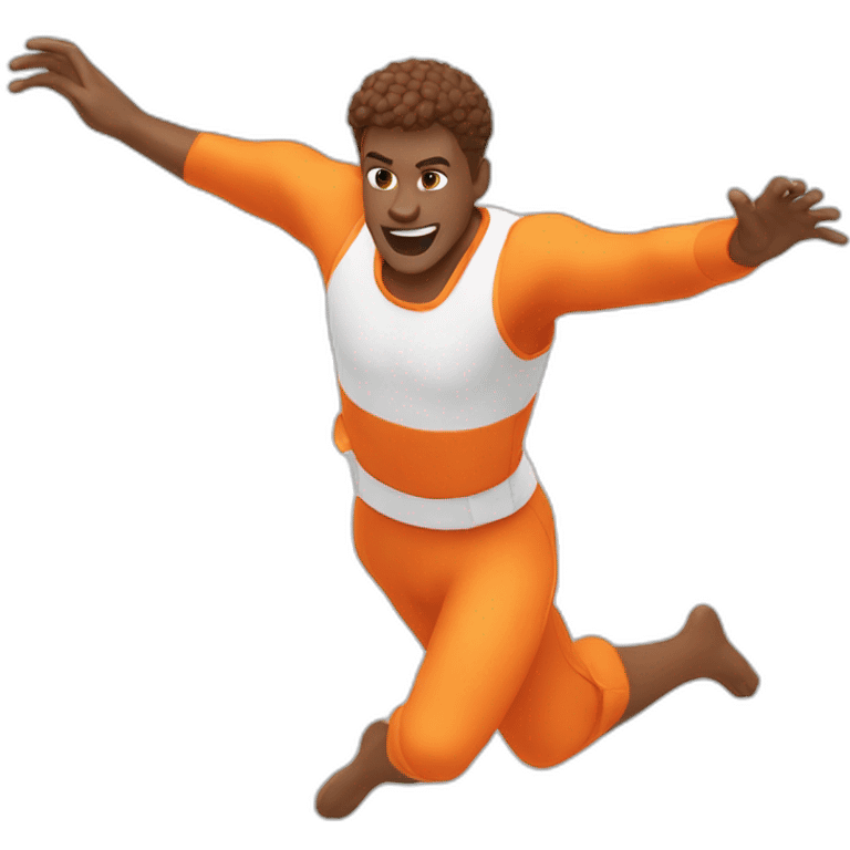 male parcour athlete in orange white cloths, captured mid-air emoji