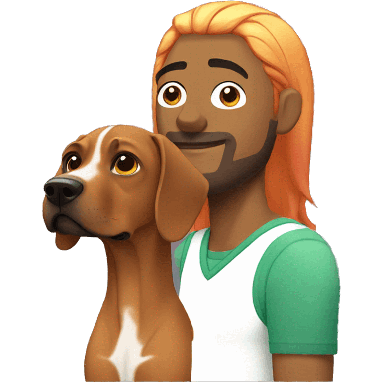 white male with long rainbow colored hair standing alongside a brown rhodesian ridgeback emoji