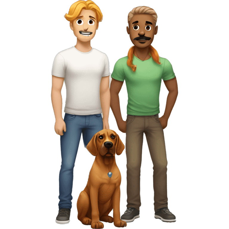 white man with rainbow colored hair and curled mustache standing alongside a brown rhodesian ridgeback dog emoji