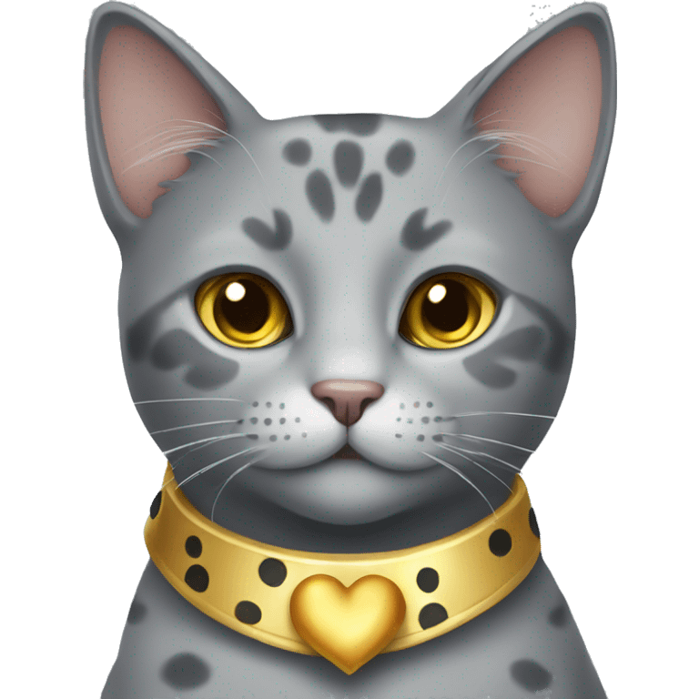 grey cat with spots with golden heart collar emoji