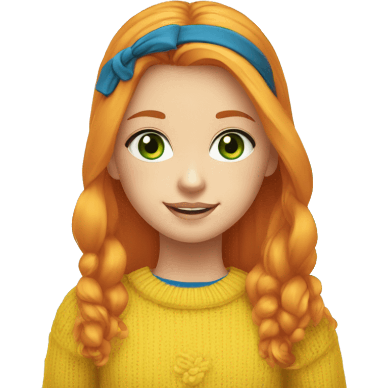 an cute young girl with long orange hair, green eyes and wears an yellow sweater with blue skirt and short white socks with black mary janes emoji