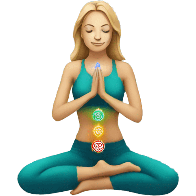 White woman with 7 chakra symbols meditation  emoji