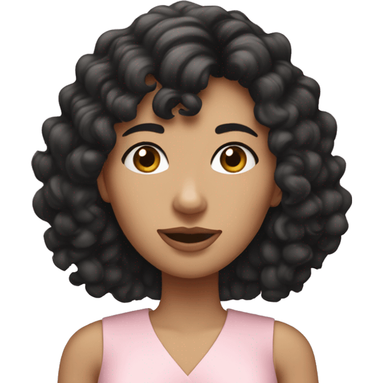 White woman with long black curly hair and bangs and dark brown eyes, wearing a pastel pink dress emoji