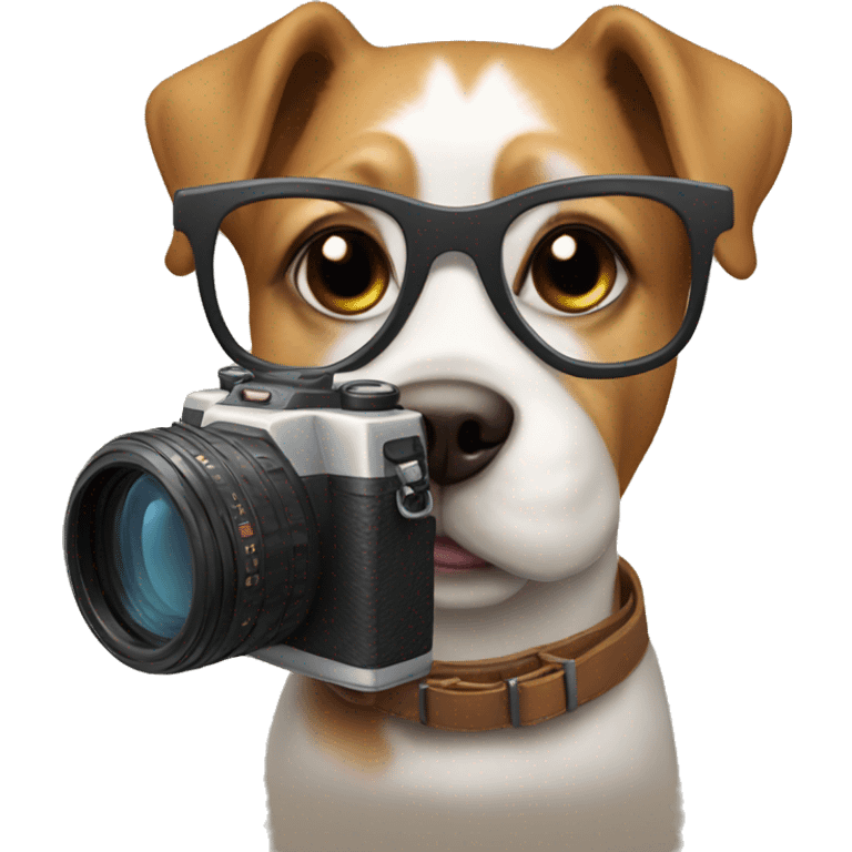 Dog with glasses and a camera emoji