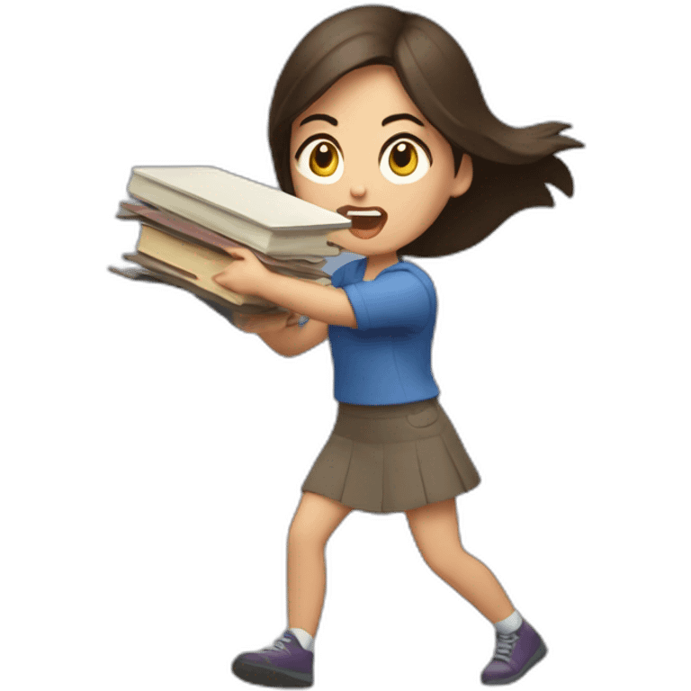 Brunette girl angrily throwing books away emoji