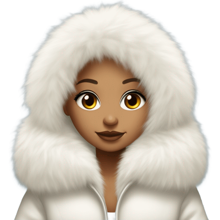 Tanned Girl with lashes , platinum blonde hair, in an extremely big fluffy oversized white fur coat with hood on. The fur is real and it’s very obvious big and fluffy like in Pinterest  emoji