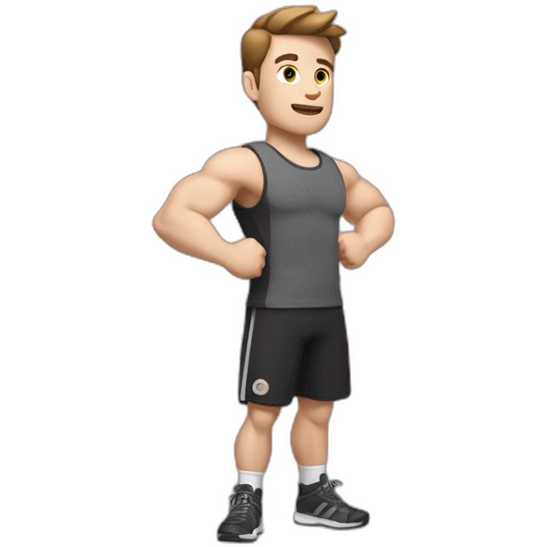 Close up Actively gesturing  with hands Pale skinned Fit Man With the biceps and brown hair in dark gray Sleeveless Mike, black oversize sports shorts, watch and white Sneakers emoji