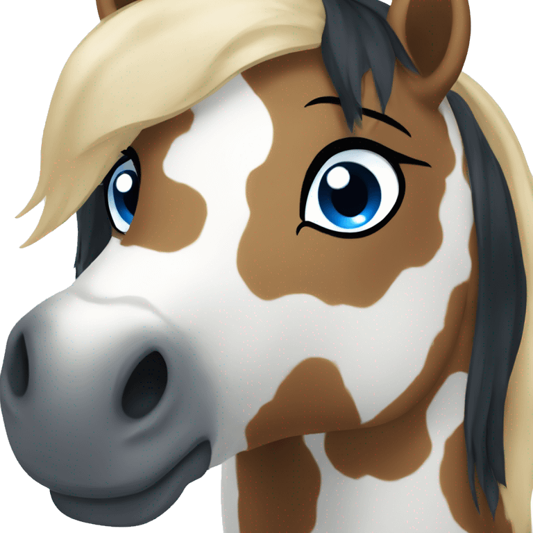 Brown and white spotted pony with blue eyes and black hair emoji