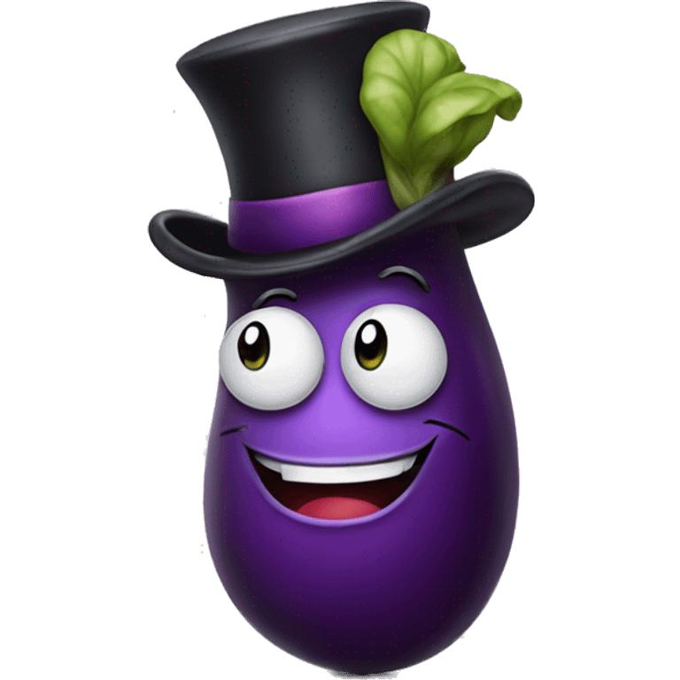 Smiling eggplant with a top hat emoji