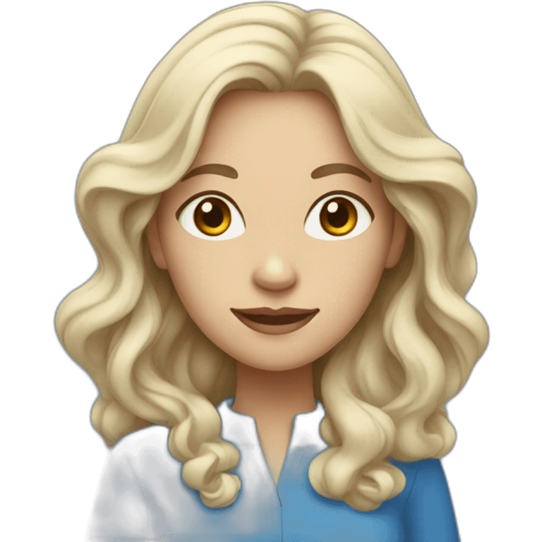 white woman with long wavy black hair wearing blue clothes emoji