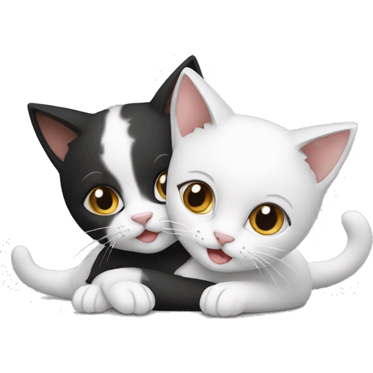 Two cats playing together, one white and the other black emoji