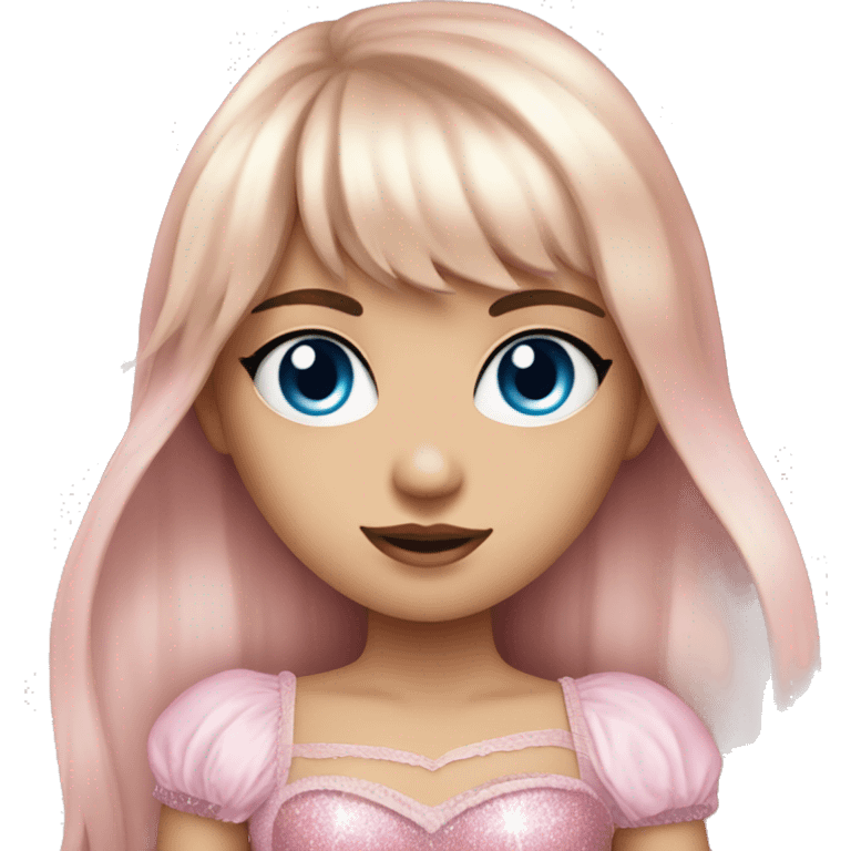 A girl with long hair and fringe bangs who has blue eyes wearing a pink corset with a sparkly cut out in the middle emoji