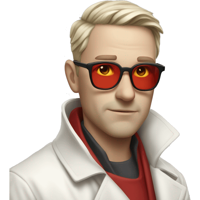 <excerpt>
A white man with short hair, donning red tinted sun glasses in a white trench coat, is an alchemist.
</excerpt> emoji