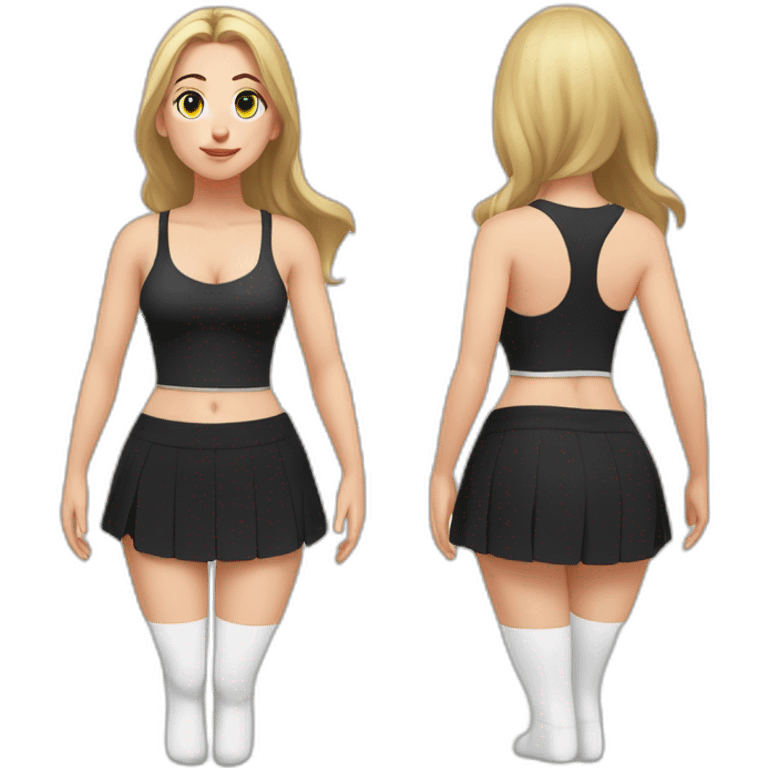 Front view full body curvy caucasian beauty squats straight hands up black skirt white knickers white socks emoji