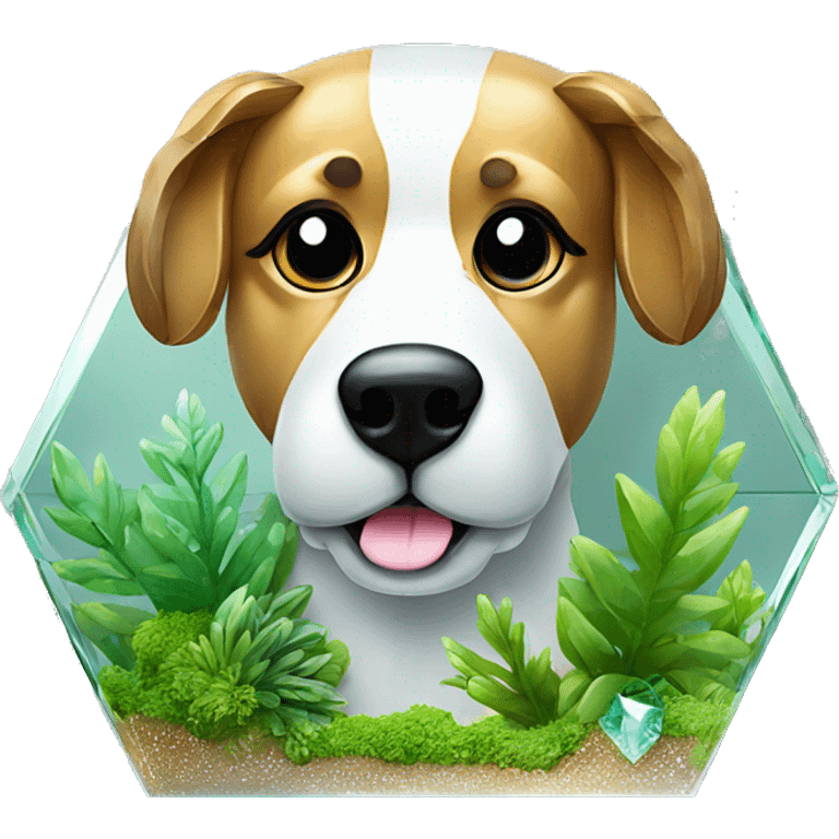 A dog made entirely of glass mirror crystals prisms glass transparent filled with plants as a terrarium emoji