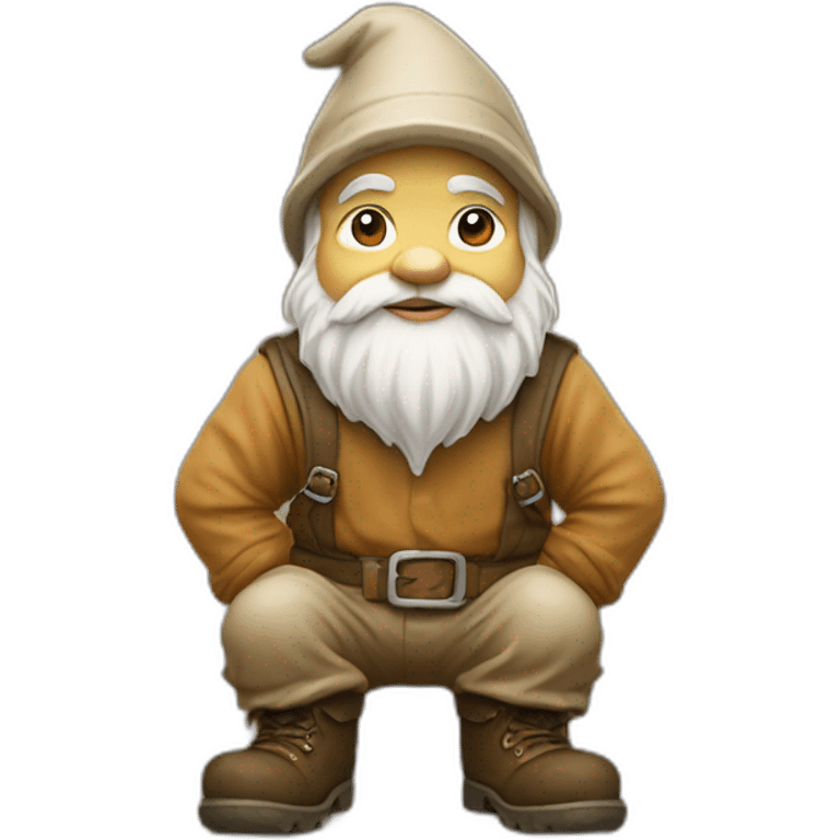 side view of gnome with light tan pants and boots squatting above small brown mud emoji