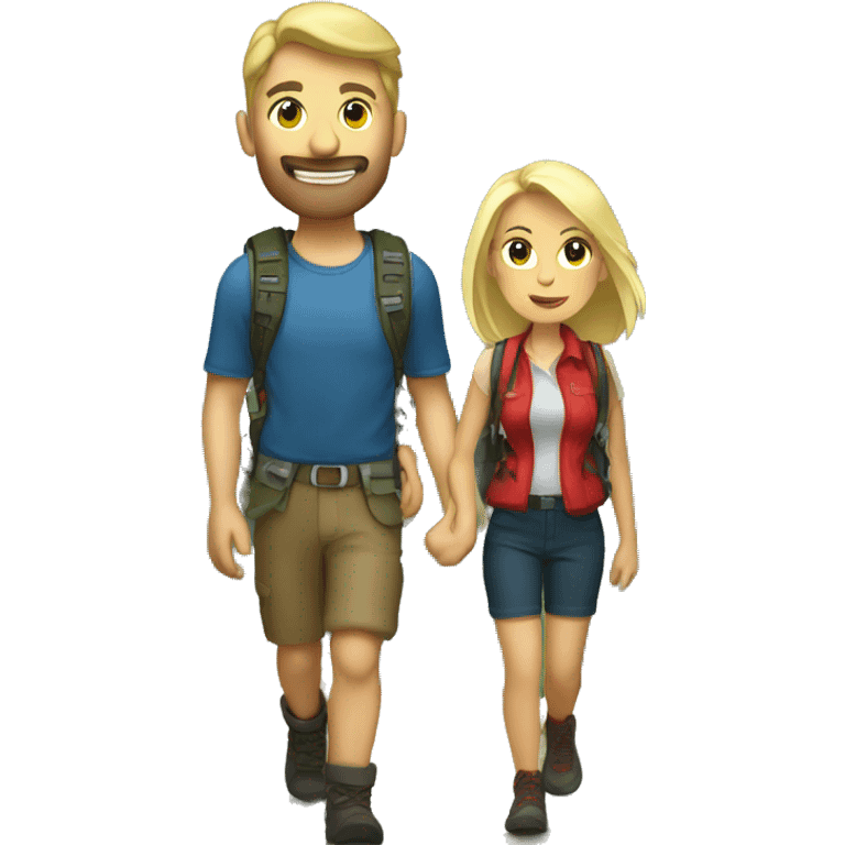 Brunette hiking woman with a blonde hiking man  emoji