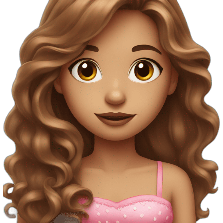 Girl with long brown wavy hair and a pink dress and strawberry decorations emoji