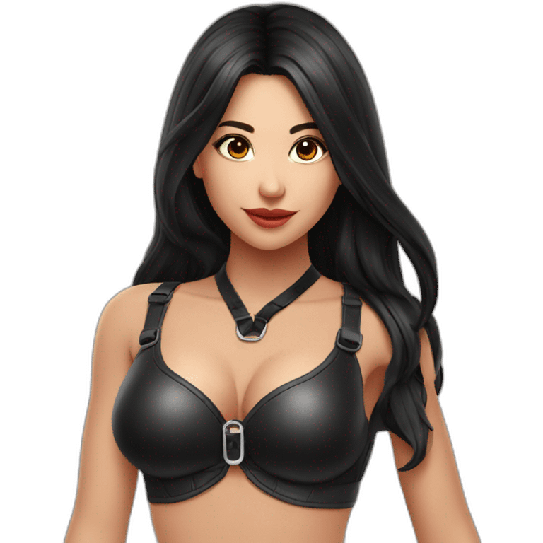 sexy; leather bra; seductive girl; black long straight hair; emoji