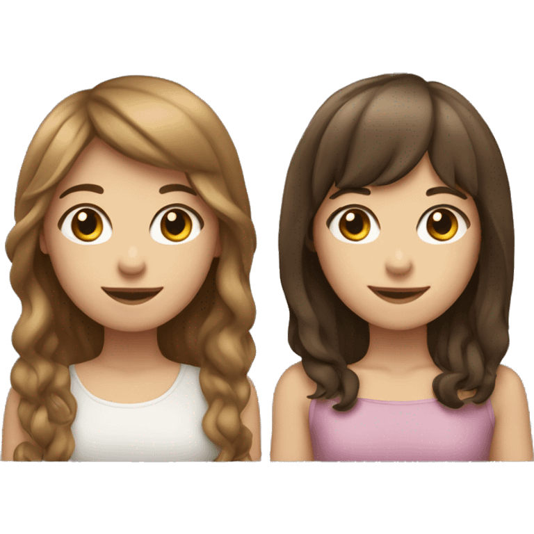 Two girls with white skin. one has wavy brown hair and the other has straight brown hair with bangs. emoji