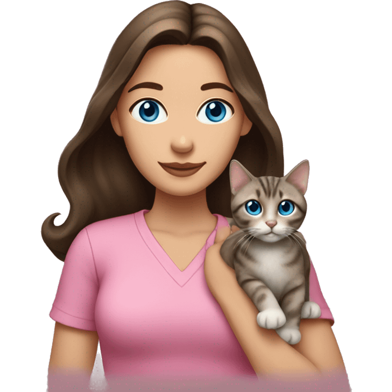 White woman with blue eyes and long dark hair wearing a pink shirt and holding a tabby cat emoji