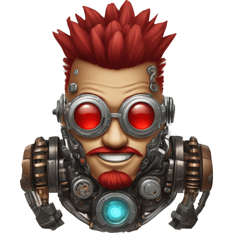 Round cyborg head with red Mohawk, red beard. silver steampunk monocle goggles a smile and circuits emoji