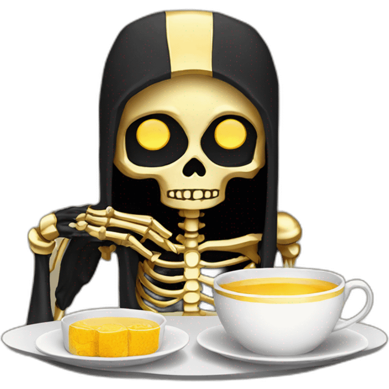 a golden skeleton with black hair and golden eyes drinking tea pixel art emoji