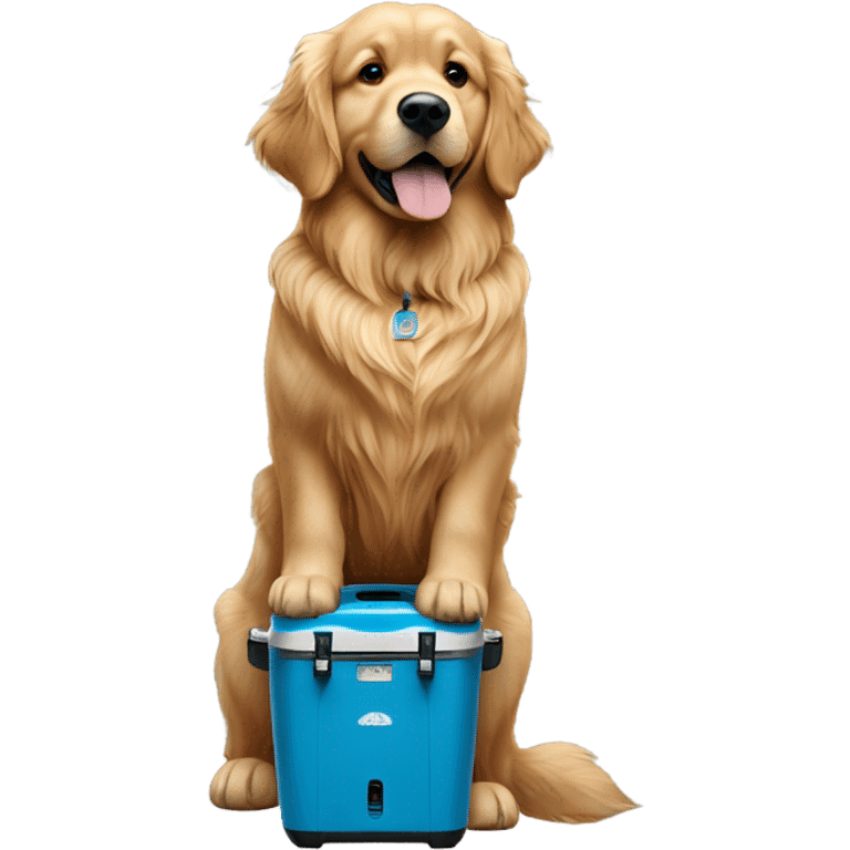 Golden retriever standing on blue yeti cooler  emoji