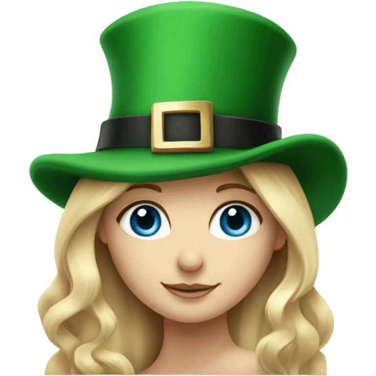 Girl with long blonde hair and blue eyes wearing a st Patrick’s day hat emoji