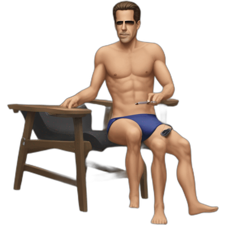 hunter biden wearing only a bikini sitting in a chair acting out the basic instinct scene (full body, apple ios17) smoking a clear pipe emoji