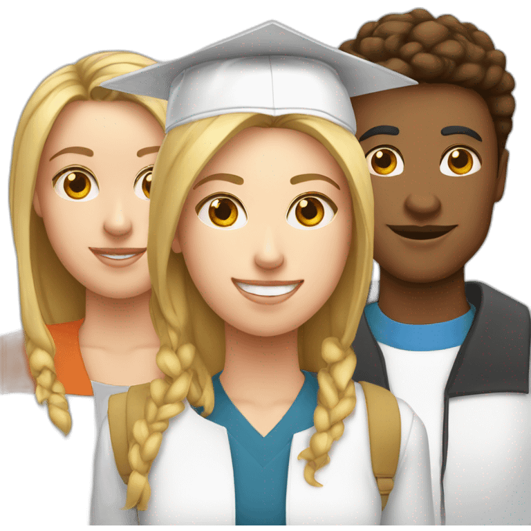 White-skinned students with one women and one men wearing academic caps emoji