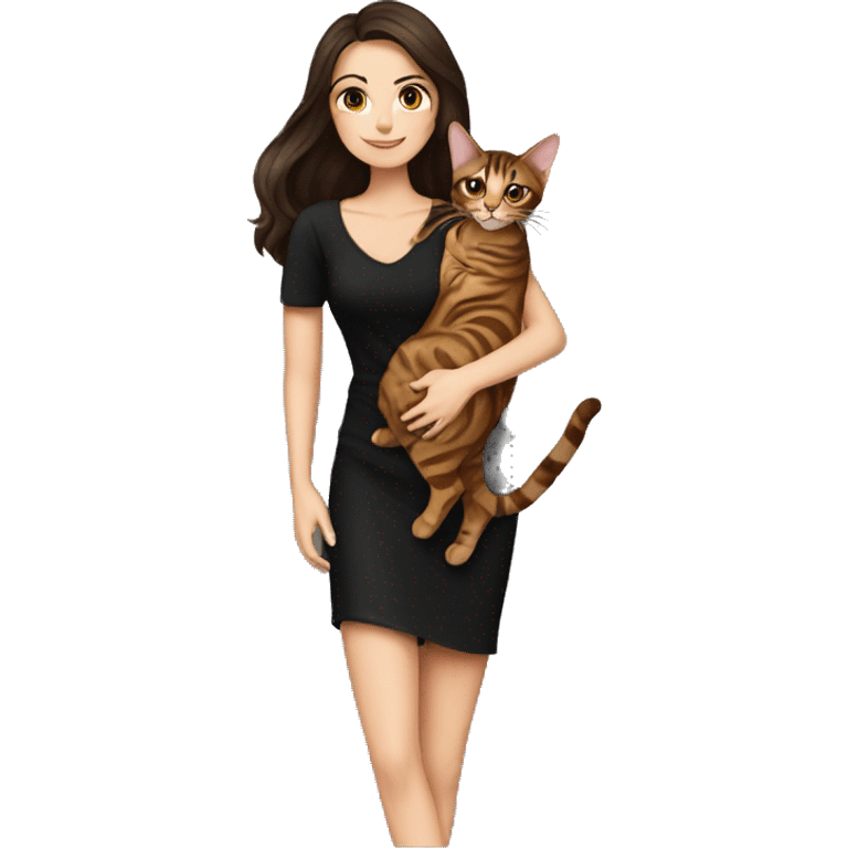 Beautiful skinny woman long dark brown hair in black dress hug bengal cat emoji