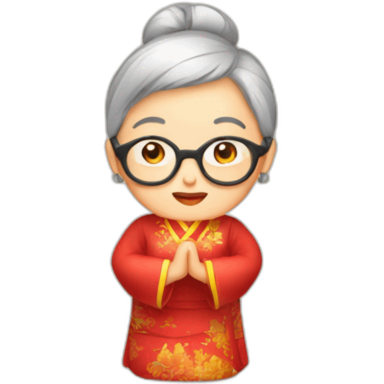 Chinese seniors lady wear Chinese traditional dress wear glasses show appreciation sign emoji