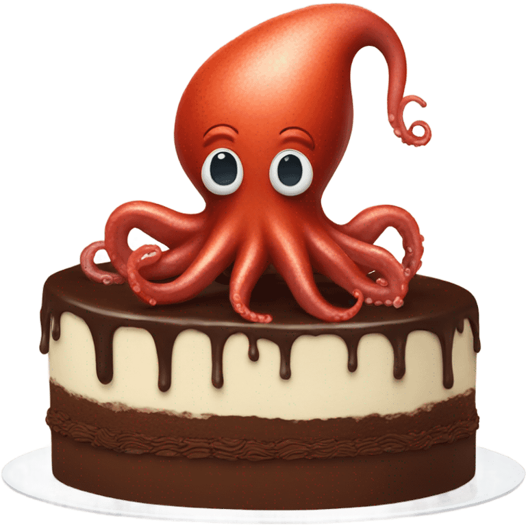 A red squid eating some chocolate cake emoji