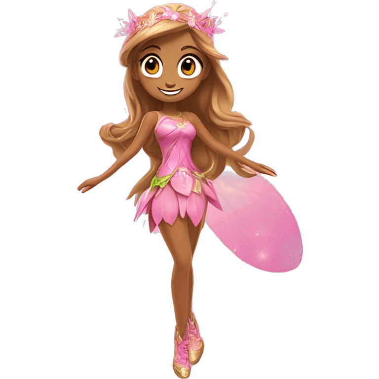 Flora the adult latina fairy of nature in her enchantix fairy pink clothing and fairy enchantix wings and long light brown hair from winx club. Lots of sparkles and fairydust   emoji